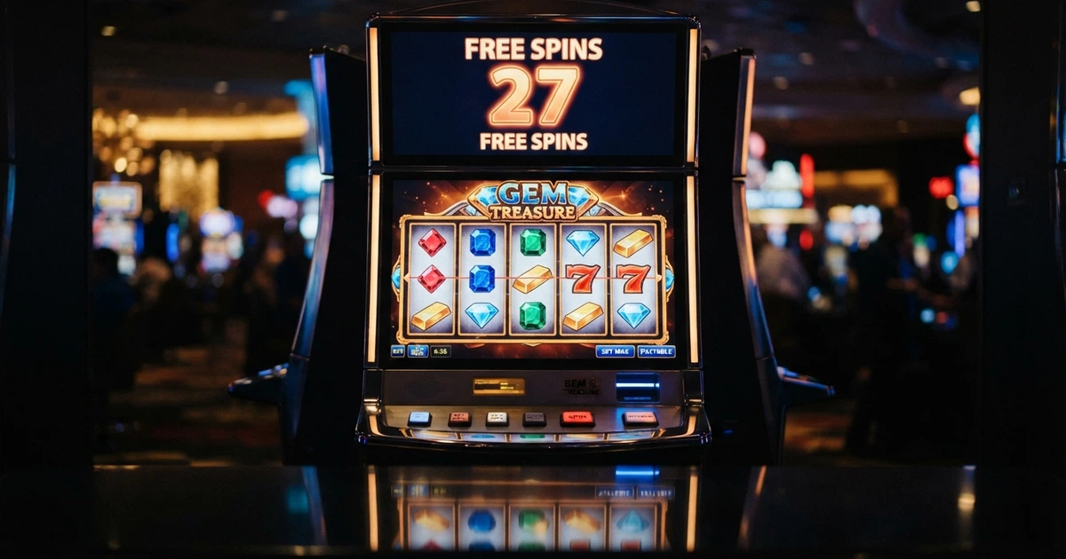 Une machine à sous en ligne affichant 100 free spins, sur fond d'écran de casino