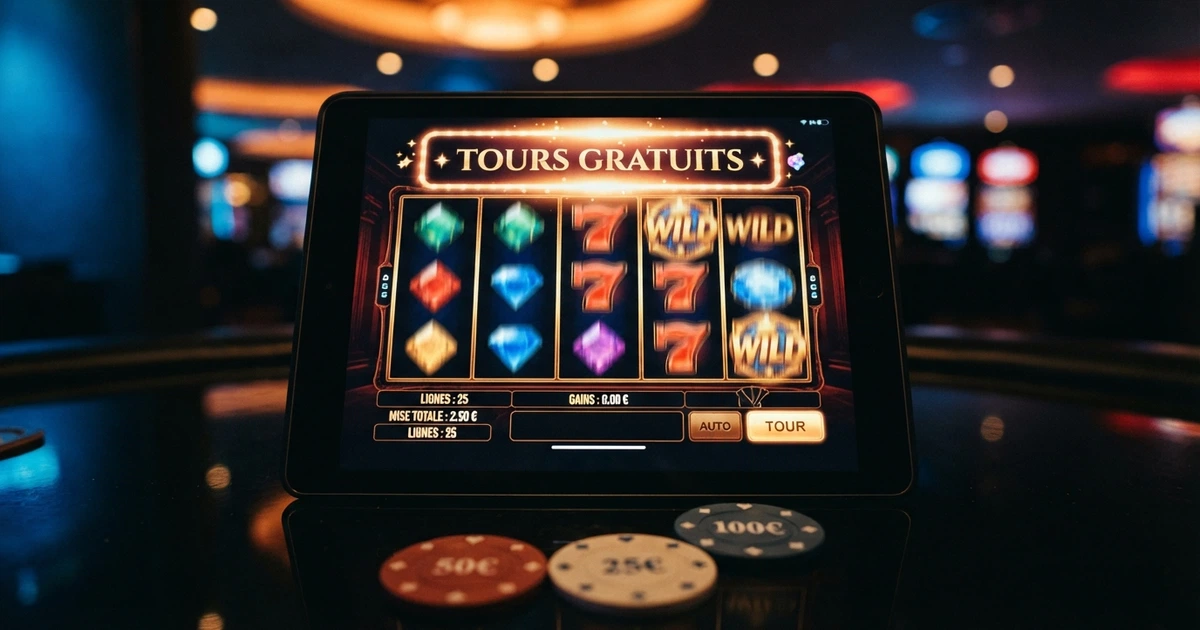 Une machine à sous en ligne affichant une offre de tours gratuits sans dépôt, avec des jetons de casino et un ruban « Free Spins » en surimpression