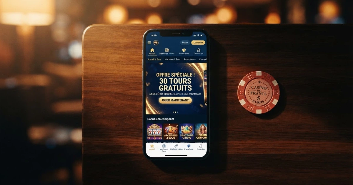 Capture d'écran d'une offre de 30 free spins sans dépôt sur l'écran d'accueil d'un casino en ligne, avec le bandeau promotionnel affiché en français