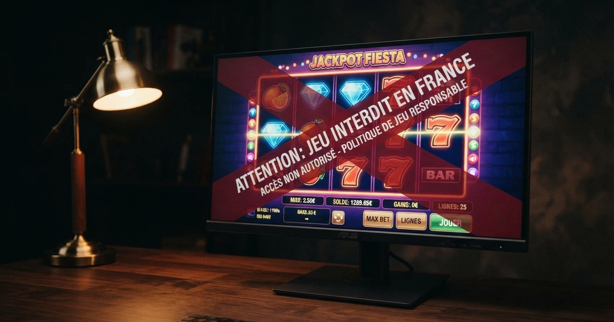 Une interface de casino en ligne affichant des machines à sous sur un écran d'ordinateur, barrée d'un bandeau rouge « non autorisé en France »