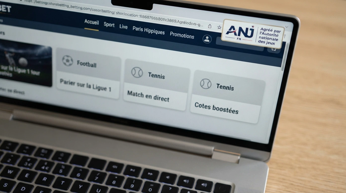 Logo de l'ANJ visible sur la page d'accueil d'un opérateur agréé français, à côté de la mention « agréé par l'Autorité nationale des jeux »