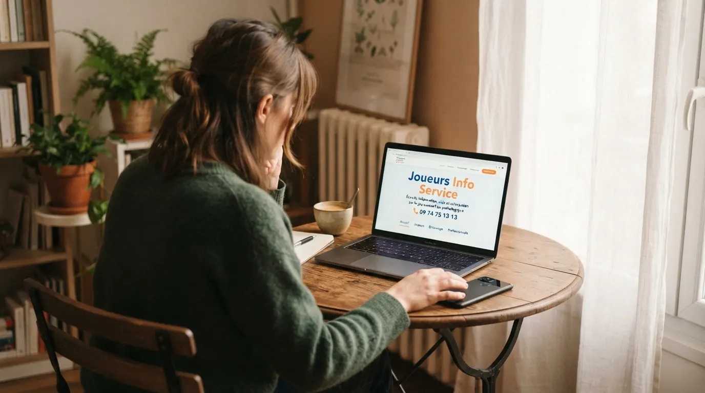 Une personne assise devant un écran, la main sur le téléphone, l'écran affichant le site Joueurs Info Service