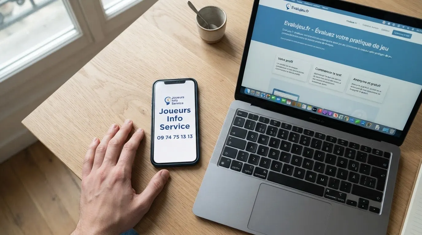 Un téléphone affichant le numéro de Joueurs Info Service (09 74 75 13 13) à côté d'un écran montrant le site Evalujeu.fr