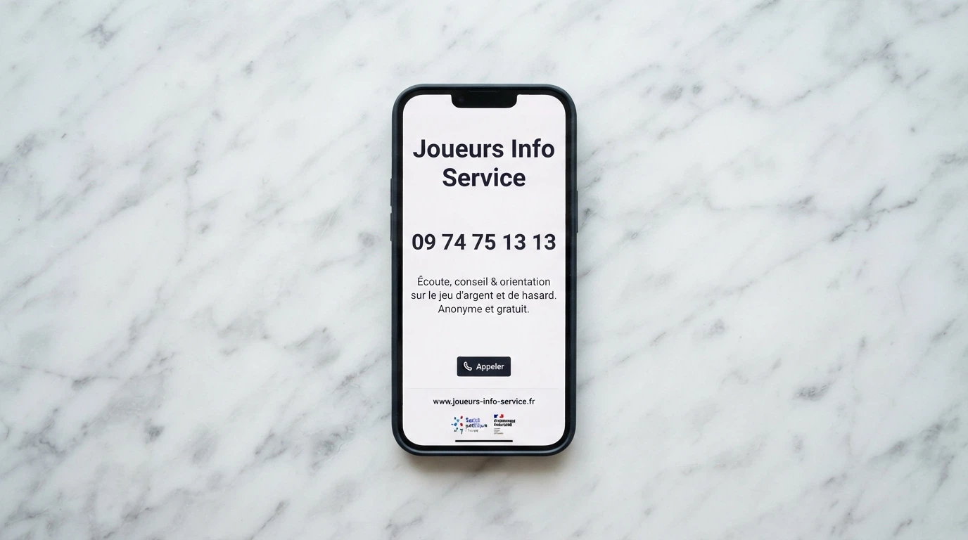 L'écran d'accueil du site Joueurs Info Service affiché sur un téléphone portable, le numéro vert 09 74 75 13 13 visible en gros caractères
