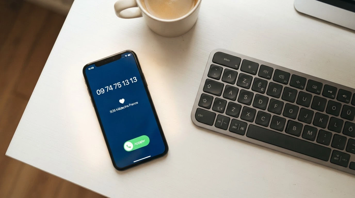 Un téléphone portable affichant le numéro 09 74 75 13 13 de Joueurs Info Service, posé à côté d'un clavier d'ordinateur
