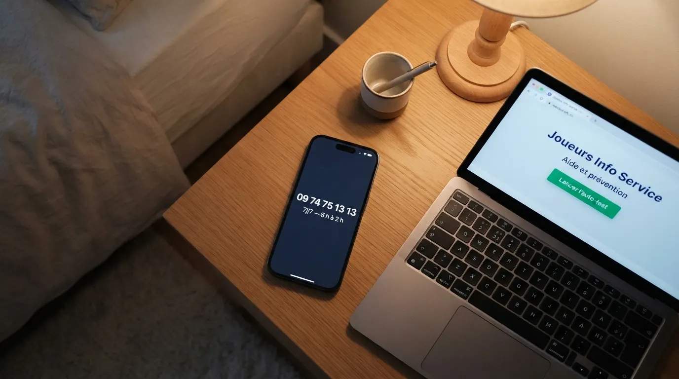 Un téléphone affichant le numéro 09 74 75 13 13, posé à côté d'un ordinateur ouvert sur la page d'accueil de Joueurs Info Service