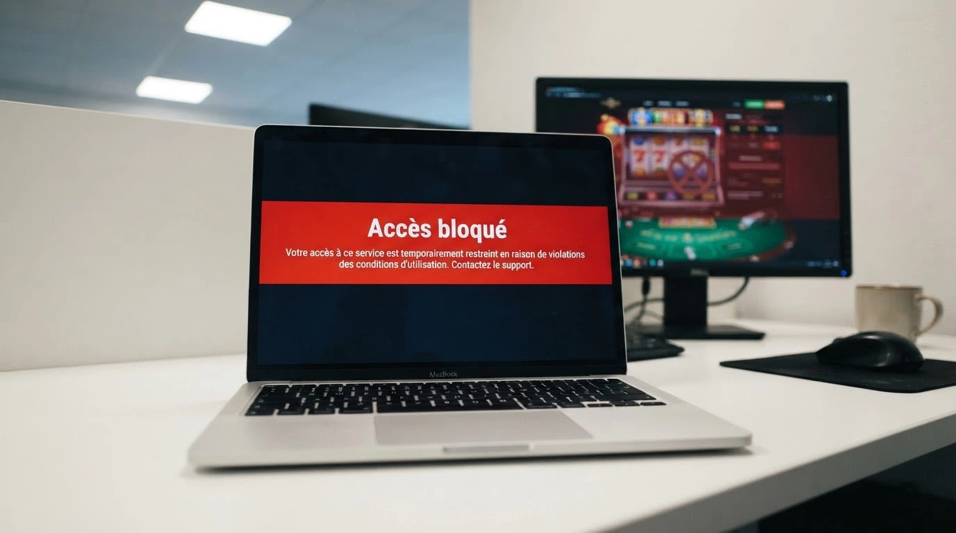 L'écran d'un ordinateur affichant la page d'accueil du site anj.fr, avec en arrière-plan flouté l'interface d'un casino en ligne barrée d'un bandeau rouge