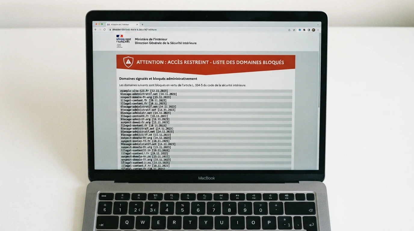 Interface d'un site institutionnel affichant une liste de domaines de jeux d'argent bloqués