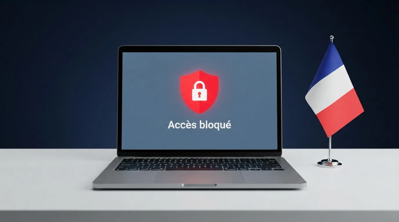 Logo de l'Autorité nationale des jeux sur fond bleu avec le drapeau français et une liste de sites bloqués