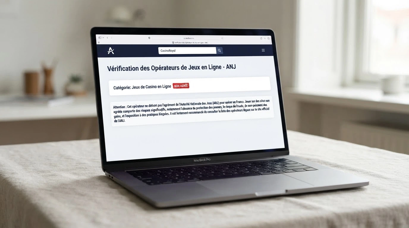 Une interface de recherche sur le site de l'ANJ affichant le statut « non agréé » pour un site de casino en ligne