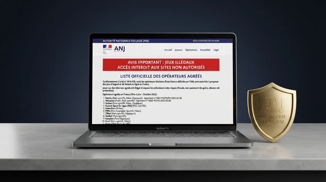 Page du site de l'ANJ affichant la liste des opérateurs agréés et la mention d'interdiction des casinos en ligne