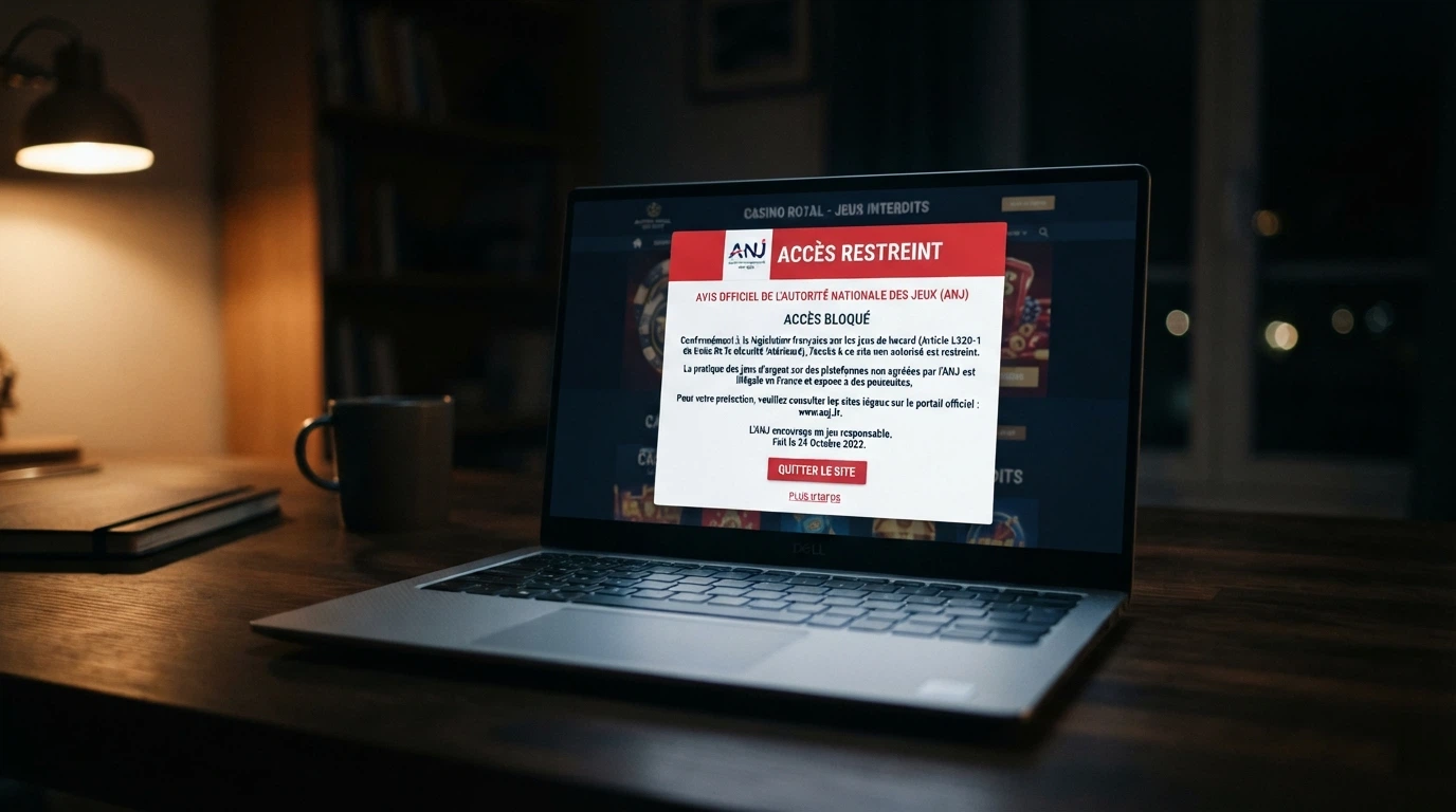 Page du site officiel de l'ANJ affichant la liste noire des sites de jeux d'argent et de hasard interdits en France
