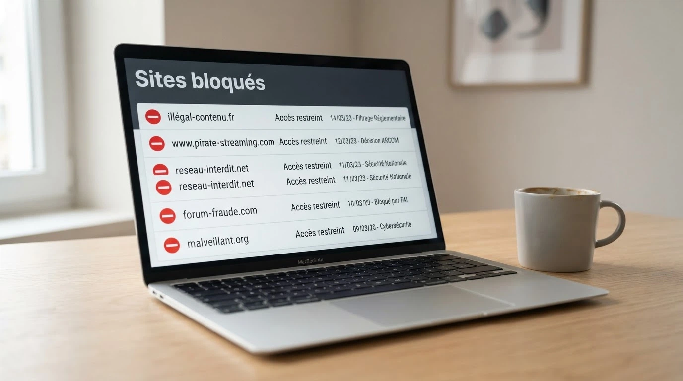 Capture d'écran du site de l'ANJ affichant la liste des sites de casino en ligne bloqués et déréférencés en France