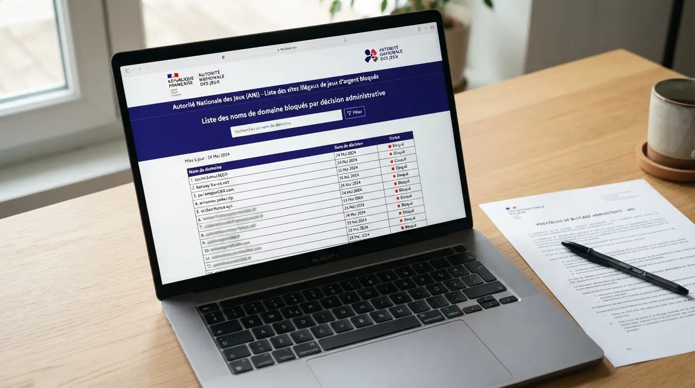 Capture d'écran de la page officielle de l'ANJ présentant la liste noire des sites de jeux d'argent bloqués en France
