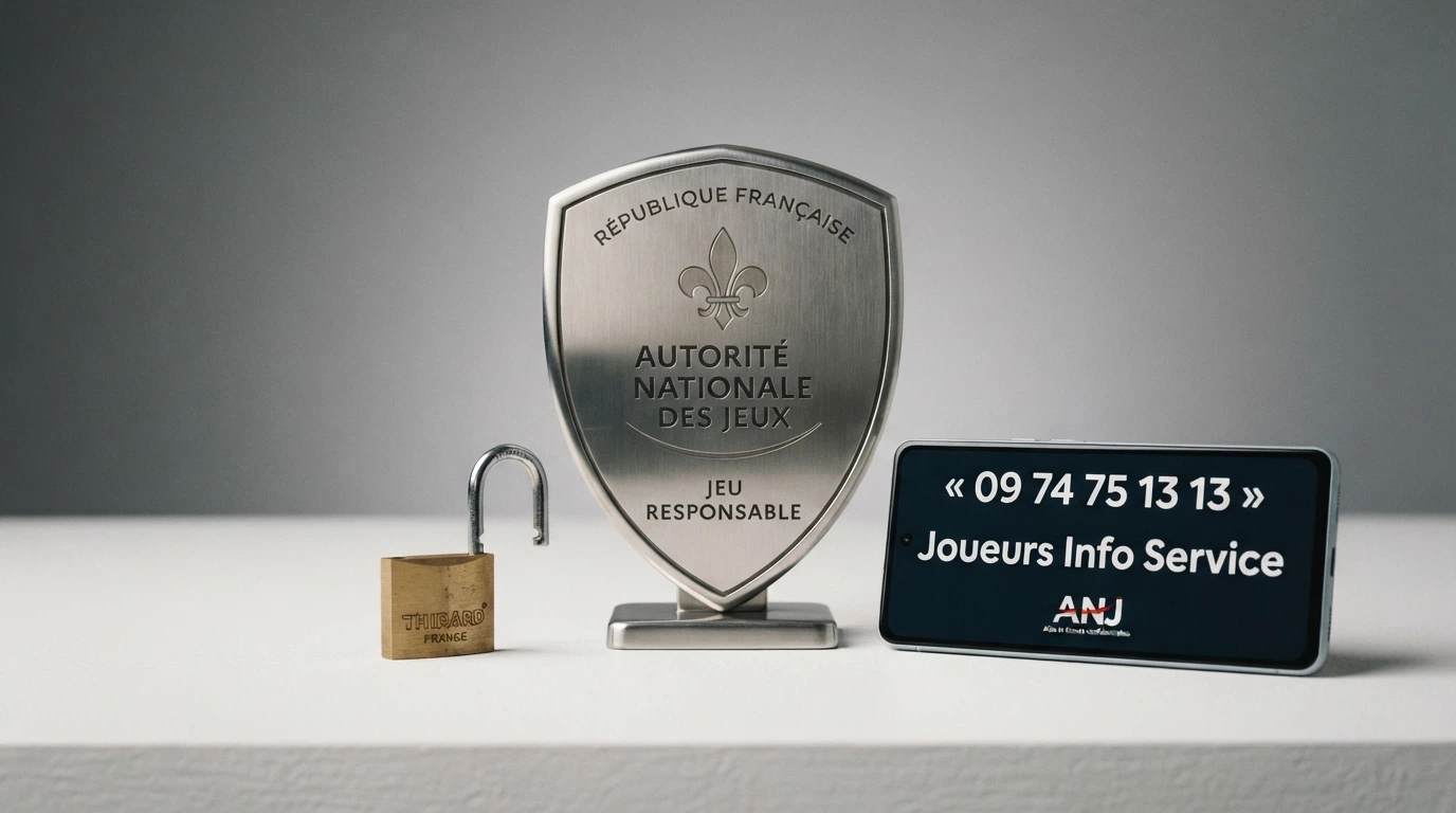 Le logo de l'ANJ à côté d'un cadenas ouvert et d'un téléphone affichant le numéro de Joueurs Info Service