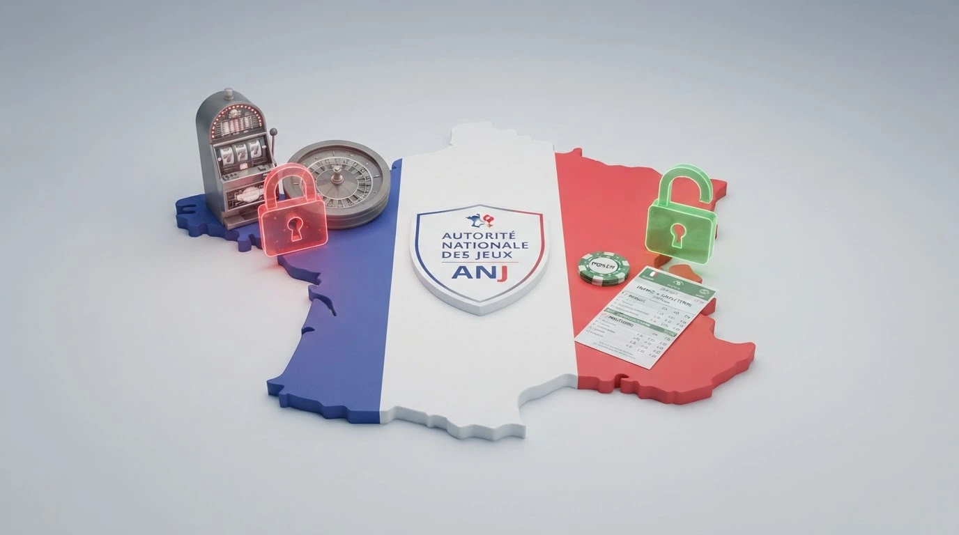 Le logo de l'ANJ sur un fond de carte de France, avec d'un côté des icônes verrouillées (machine à sous, roulette) en rouge et de l'autre des icônes déverrouillées (pari sportif, poker) en vert