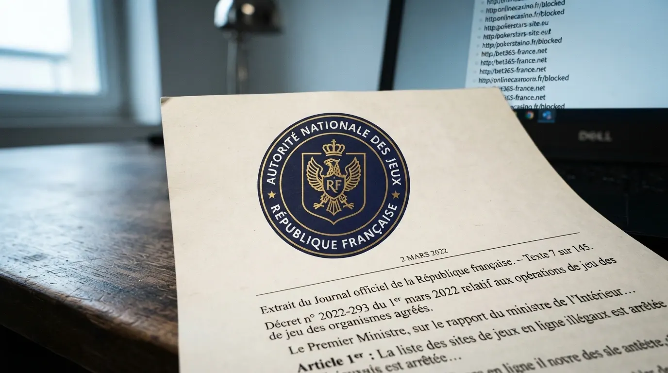 Le logo de l'ANJ (Autorité nationale des jeux) apposé sur un extrait du Journal officiel mentionnant la loi du 2 mars 2022, sur fond de liste de sites bloqués.