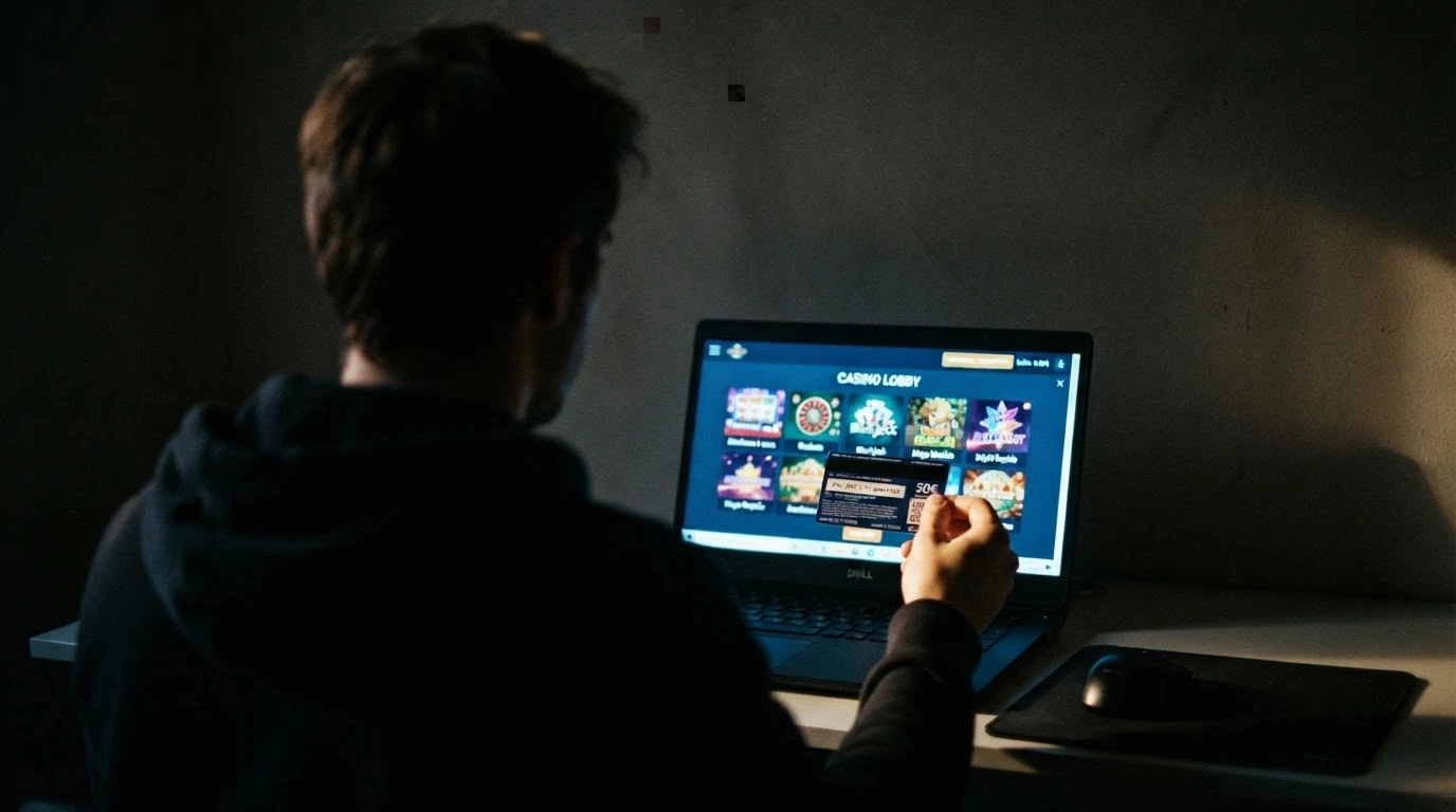 Une personne tenant un voucher Cashlib devant elle, son visage restant dans l'ombre, face à un écran de casino en ligne