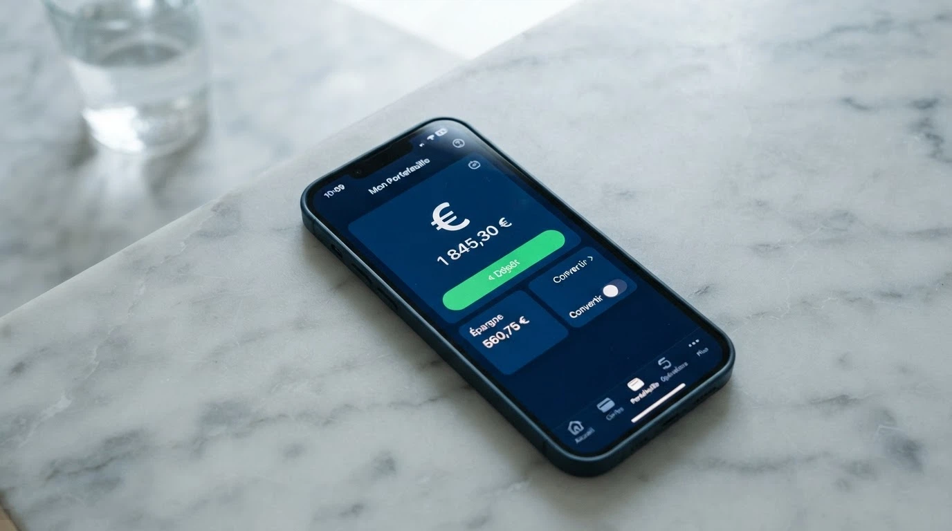 Téléphone affichant l'écran d'accueil de l'application MiFinity avec les options de dépôt et de conversion de devises