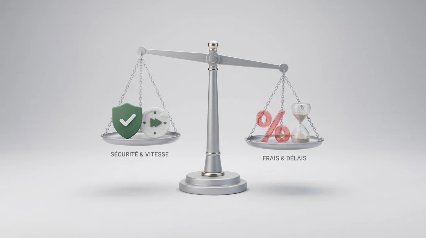 Une balance graphique opposant d'un côté des icônes représentant la rapidité et un cadenas de sécurité, de l'autre des pourcentages de frais et un sablier