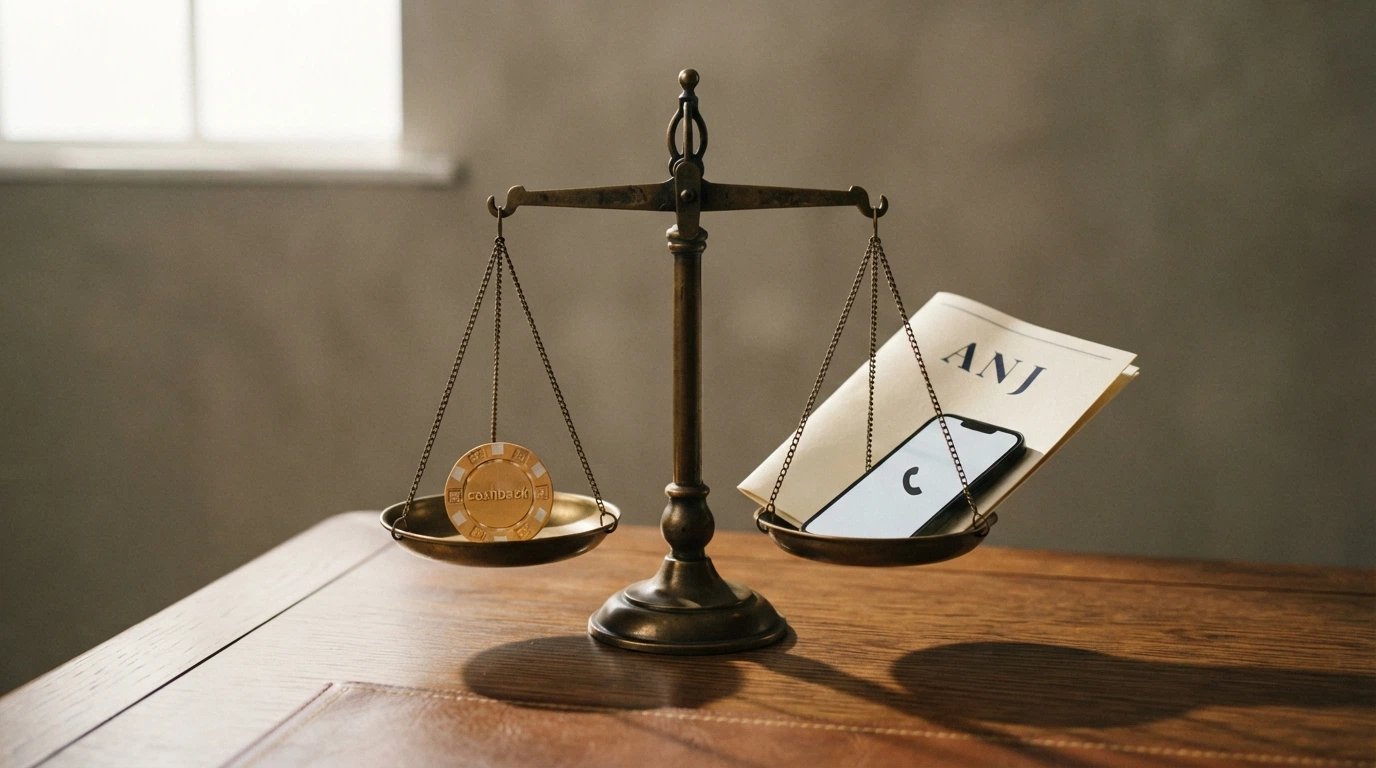 Une balance à plateaux : d'un côté une pièce de casino portant le mot « cashback », de l'autre un document officiel marqué « ANJ » et un téléphone affichant une icône d'aide