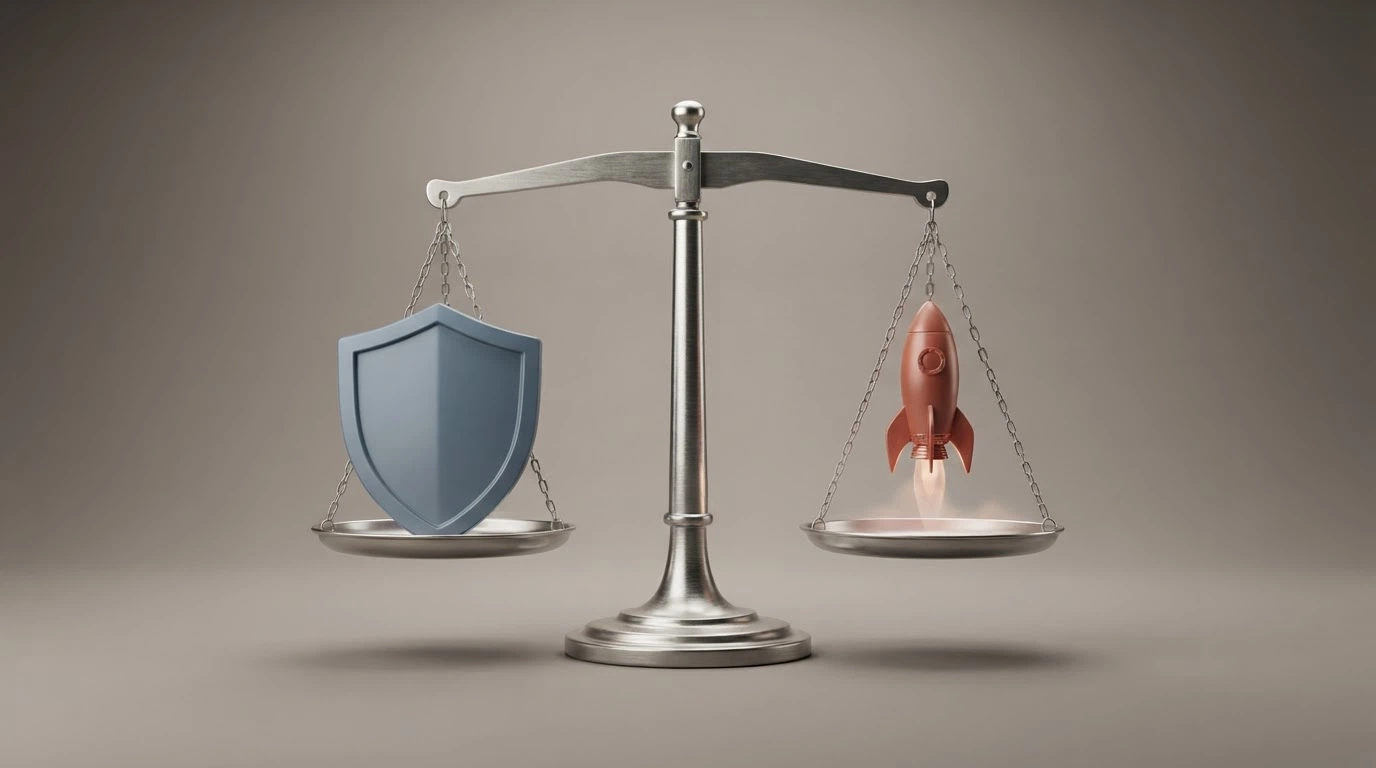 Une balance à plateaux : d'un côté un bouclier marqué ANJ, de l'autre une fusée marquée « instantané » — le joueur français doit peser les deux