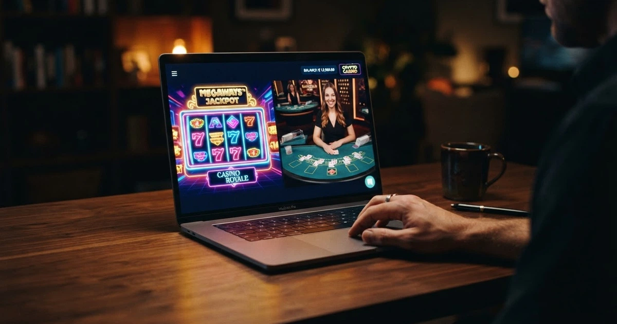 Interface d'un casino en ligne acceptant le Bitcoin Cash, présentant des machines à sous, un solde en cryptomonnaie et une section de jeu en direct