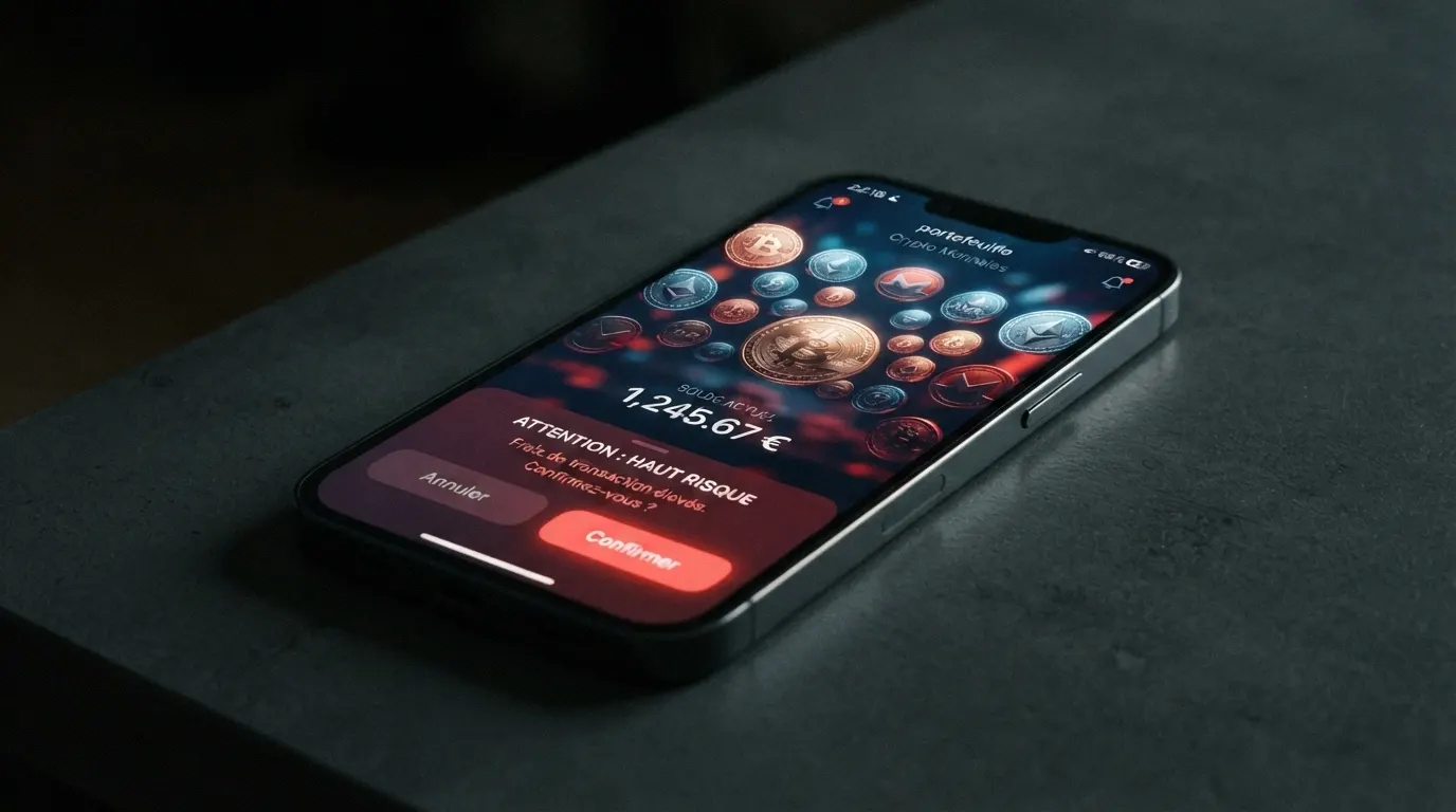 Smartphone affichant un portefeuille Bitcoin avec une transaction vers un casino, superposé à un panneau d'interdiction rouge