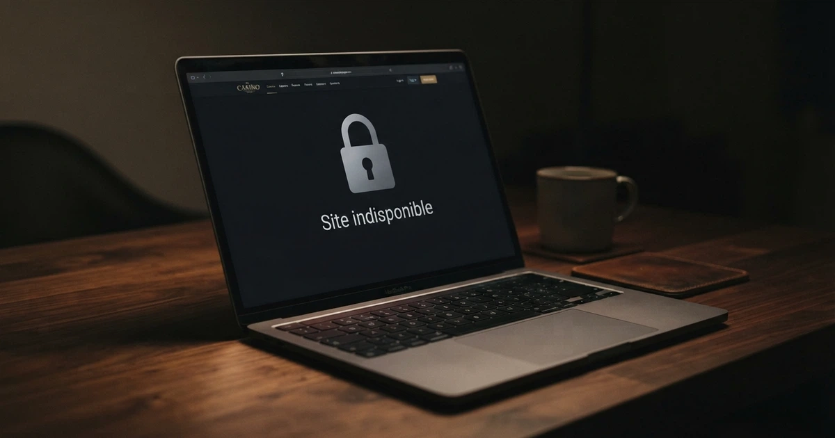 Page d'accueil d'un casino en ligne fermé, écran sombre avec message d'indisponibilité