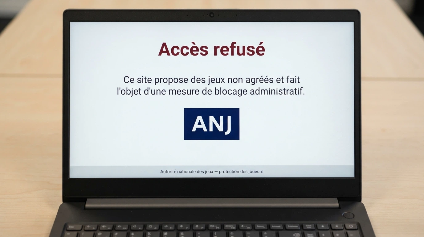 Capture d'écran de la page d'accueil de l'ANJ affichant un message de blocage administratif d'un site de jeux non agréé, avec le logo de l'Autorité nationale des jeux
