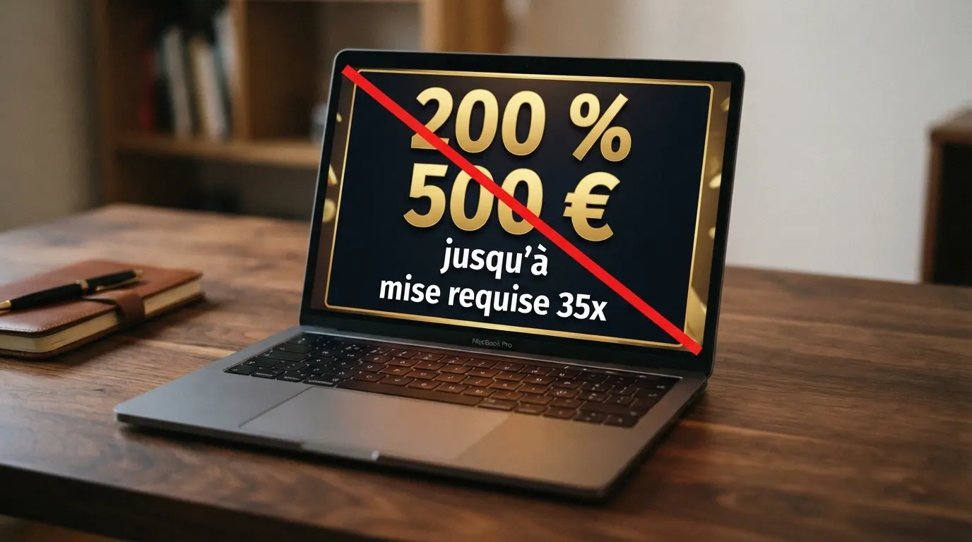 Un bandeau publicitaire de bonus de bienvenue « 200 % jusqu'à 500 € » barré d'un trait rouge, avec les mots « wagering 35x » inscrits en dessous