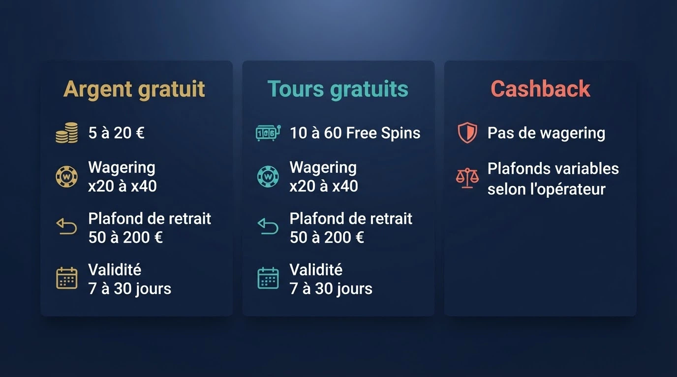 Un tableau comparatif simplifié des trois types de bonus sans dépôt (argent gratuit, tours gratuits, cashback) avec leurs conditions de mise affichées