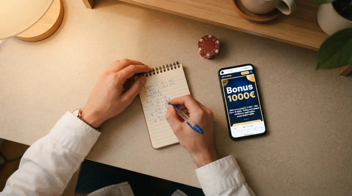 Une calculatrice de bureau posée à côté d'un téléphone affichant une offre de bonus de casino, avec des conditions écrites en petits caractères visibles sur l'écran