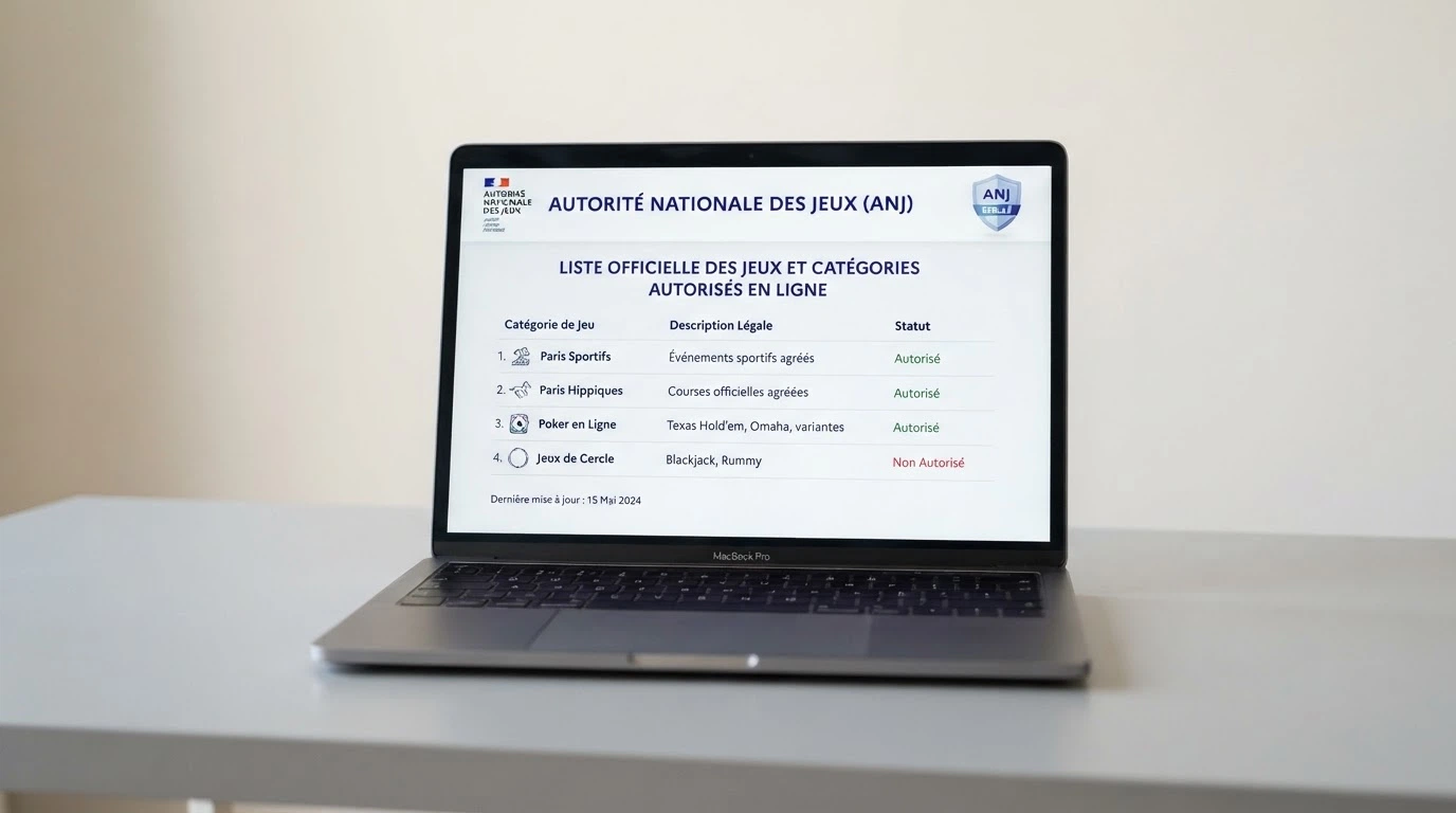 Écran affichant le site officiel de l'ANJ avec le texte de la réglementation française des jeux d'argent en ligne