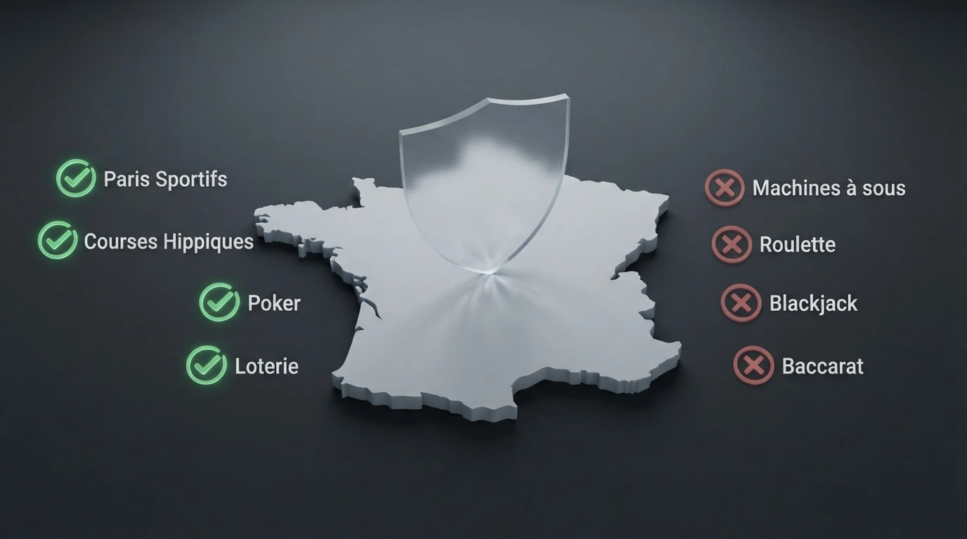 Le logo officiel de l'ANJ juxtaposé à une carte de France et aux icônes des jeux autorisés (pari sportif,␣poker,␣hippisme)␣et␣interdits␣(machine␣à␣sous,␣roulette)