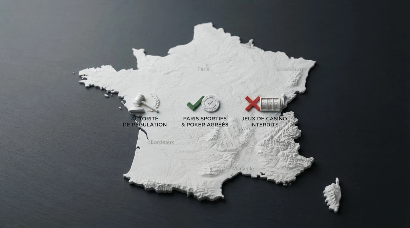 Carte de la France avec les icônes des régulateurs — ANJ, AMF — et les statuts légaux par type de jeu : interdit, agréé, offshore