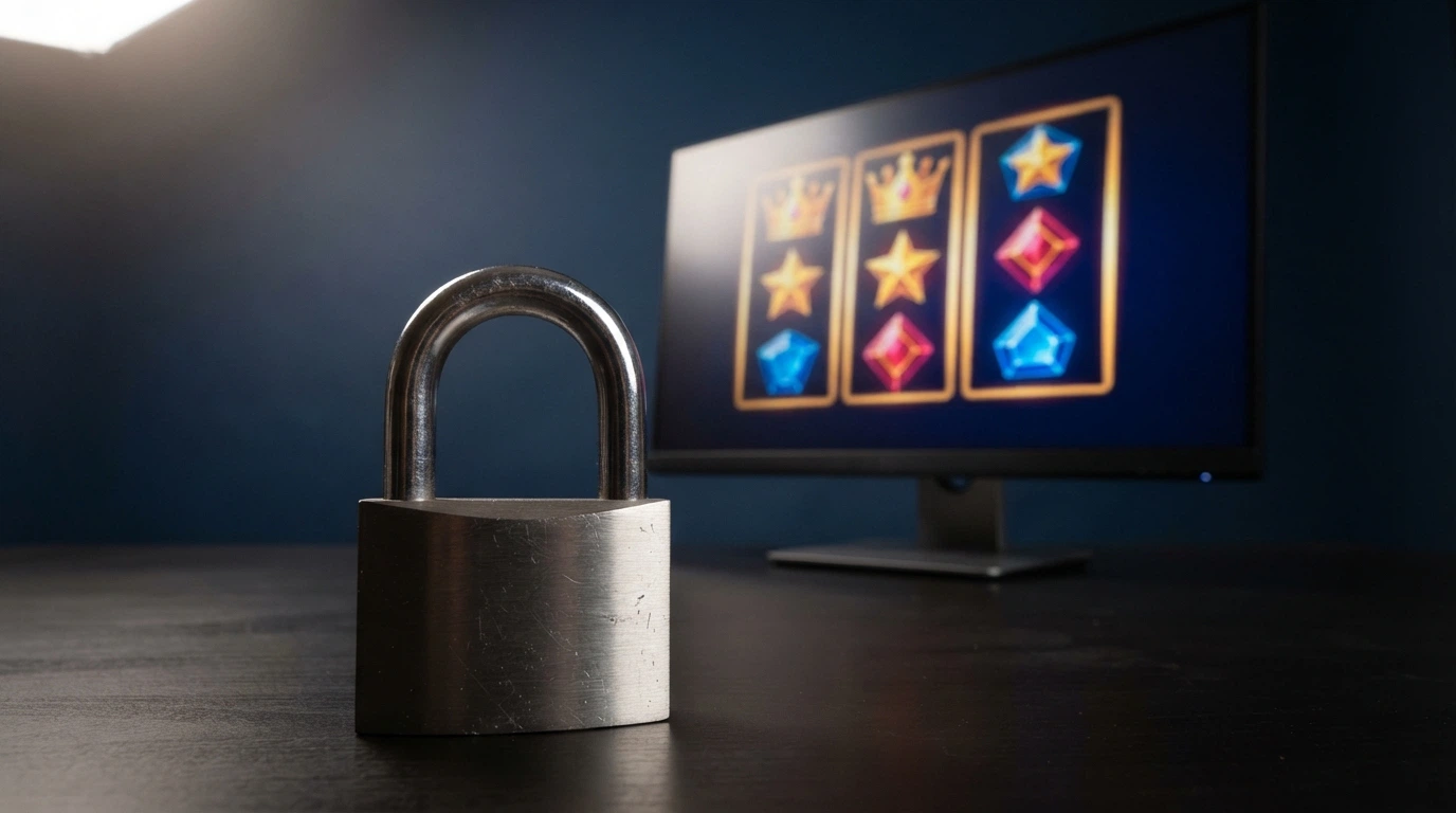 Le logo de l'ANJ sur fond bleu, à côté d'un écran barré d'un cadenas symbolisant l'interdiction des casinos en ligne