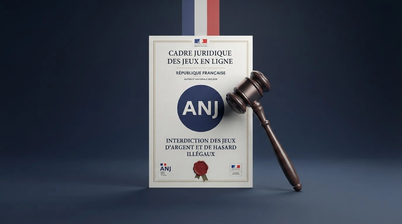 Une composition sobre autour du logo de l'ANJ, d'un texte de loi stylisé mentionnant « Interdiction » et d'une pastille « 2026 » pour ancrer l'information dans l'année en cours