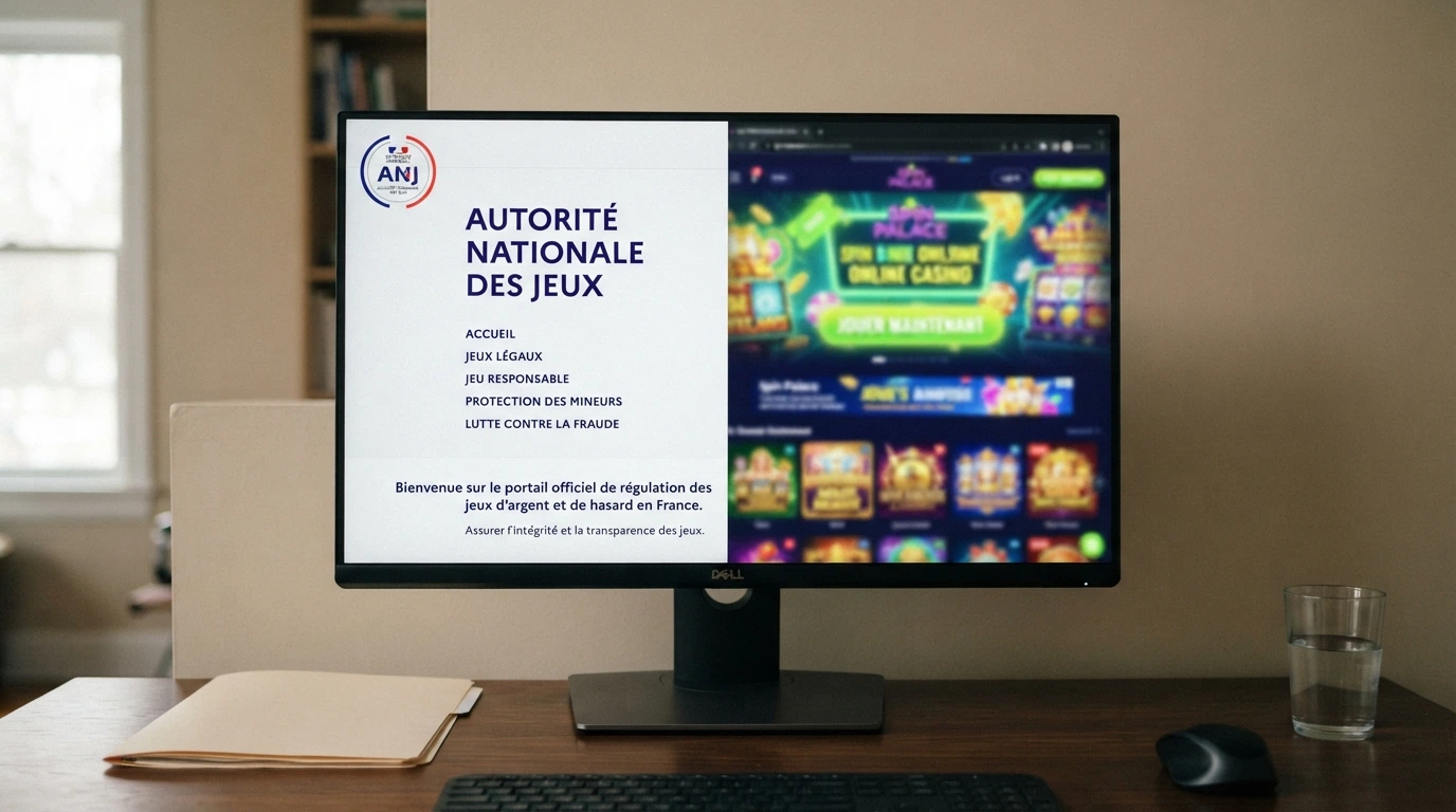 Un écran partagé entre le site officiel de l'ANJ (Autorité Nationale des Jeux) ouvert dans un navigateur et une page de casino offshore affichée en arrière-plan flouté.
