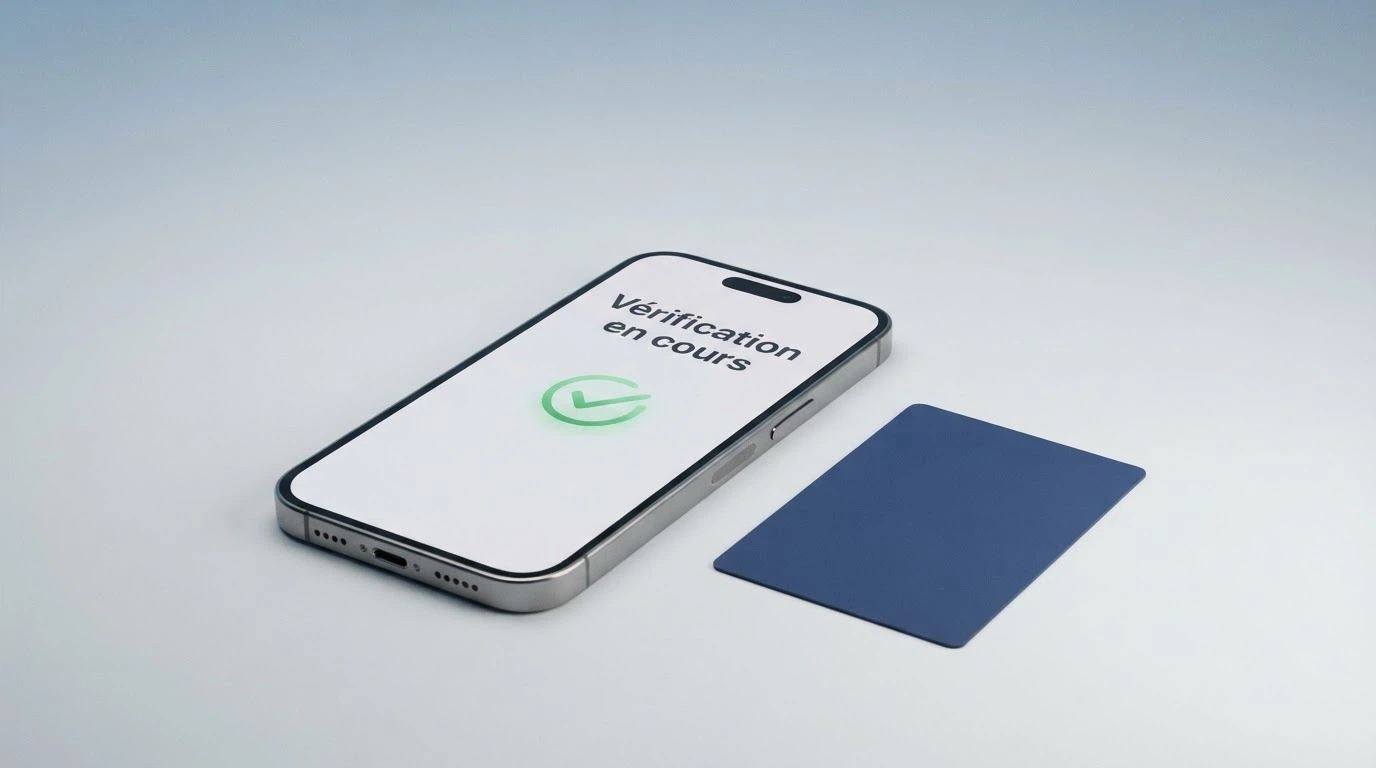 Le logo de l'ANJ affiché sur l'écran d'un téléphone, posé à côté d'une carte d'identité française