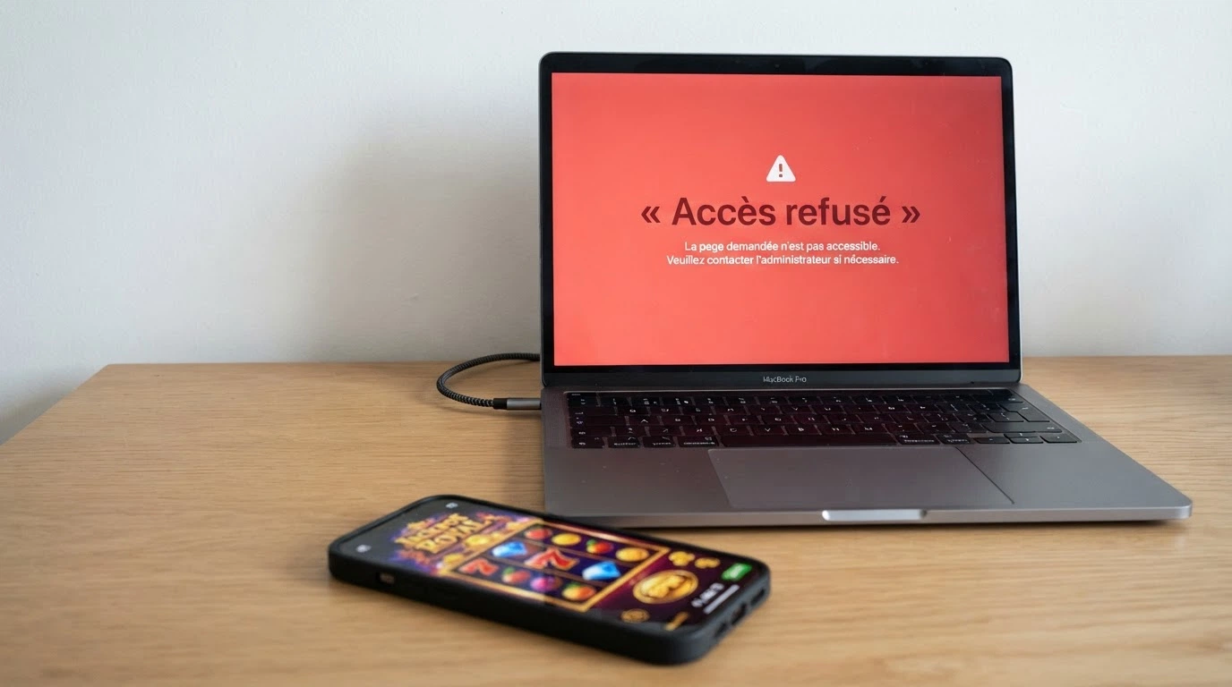 Un document officiel barré d'un tampon rouge « non agréé » posé à côté d'un smartphone ouvert sur une page de casino