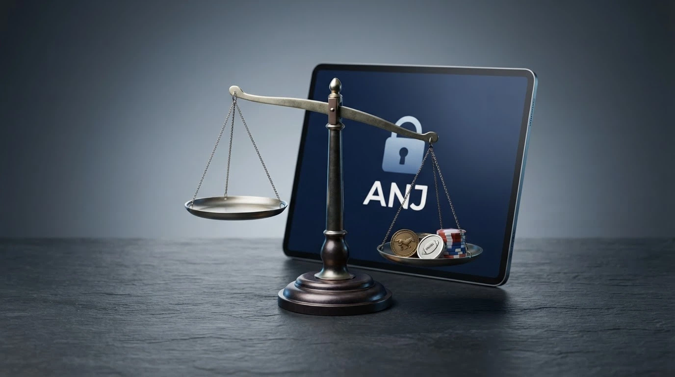 Illustration du cadre réglementaire français avec les logos de l'ANJ et de la CJUE, et la liste des jeux autorisés sous licence