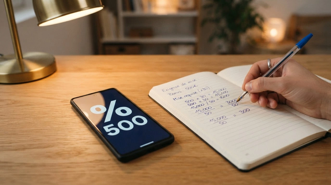 Un écran partagé entre le bandeau promotionnel « 500 % » d'un casino en ligne et une feuille de calcul manuscrite détaillant le montant réel à miser