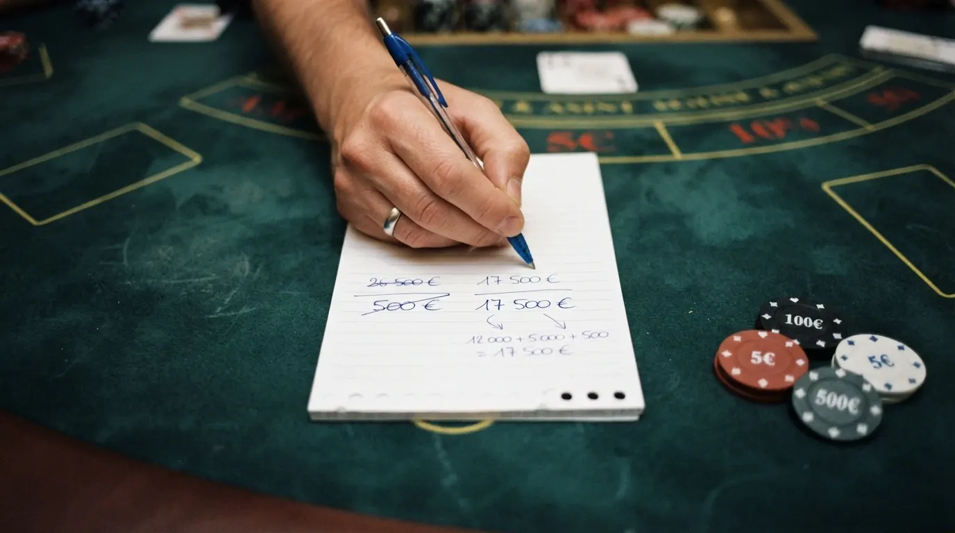 Une calculatrice posée sur une table de casino, l'écran affichant un montant barré suivi d'un montant réel après wagering
