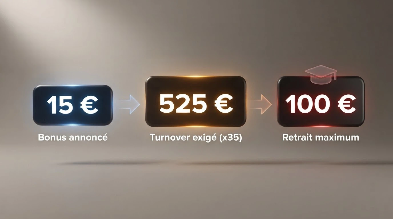 Un schéma comparatif en trois étapes : le montant du bonus annoncé, le turnover exigé par le wagering, et le montant effectivement retirable après application du plafond