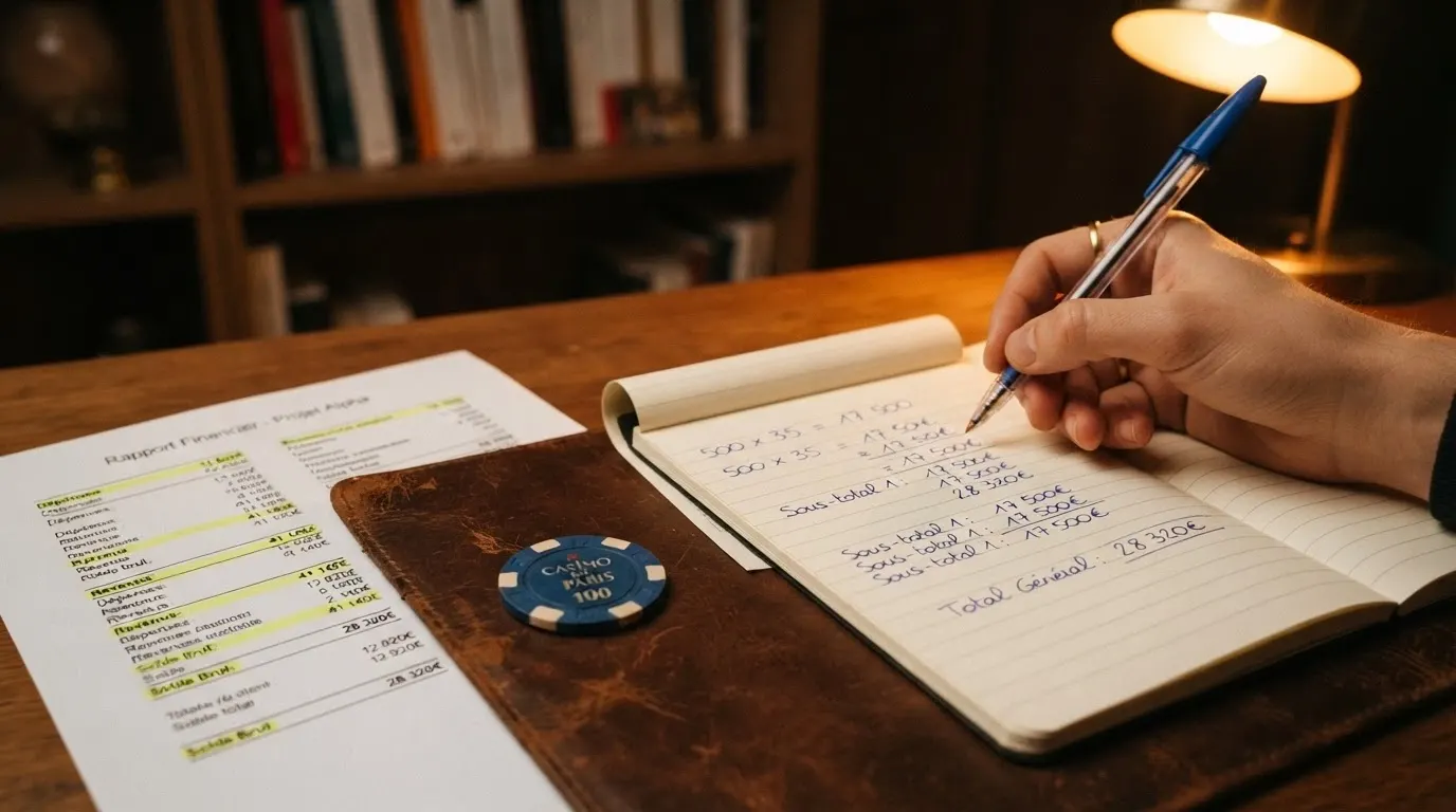 Une calculette posée à côté d'une offre de bonus de casino, avec les conditions de mise surlignées en petits caractères