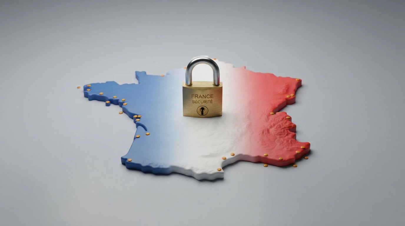 Une carte de France stylisée dont le contour est un ruban tricolore, un cadenas fermé au centre, et des points dispersés à l'extérieur du contour représentant les casinos offshore