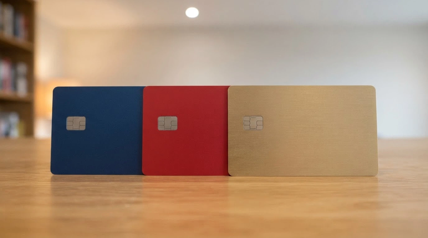 Les trois cartes bancaires FLOA Bank alignées côte à côte : bleue (Casino), rouge (Cdiscount) et dorée (Gold)