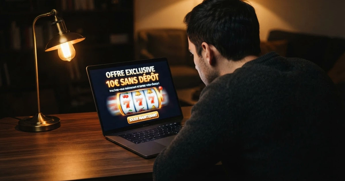 Un joueur qui consulte une offre de bonus sans dépôt sur l'écran d'un ordinateur portable, des icônes de machine à sous en arrière-plan