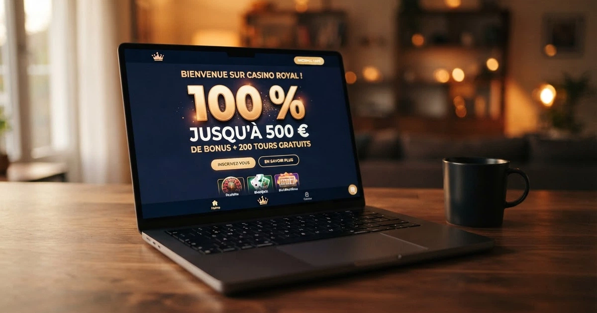 Écran de casino en ligne affichant une offre de bonus de bienvenue 100 % jusqu'à 500 €, avec des icônes de machines à sous en arrière-plan.